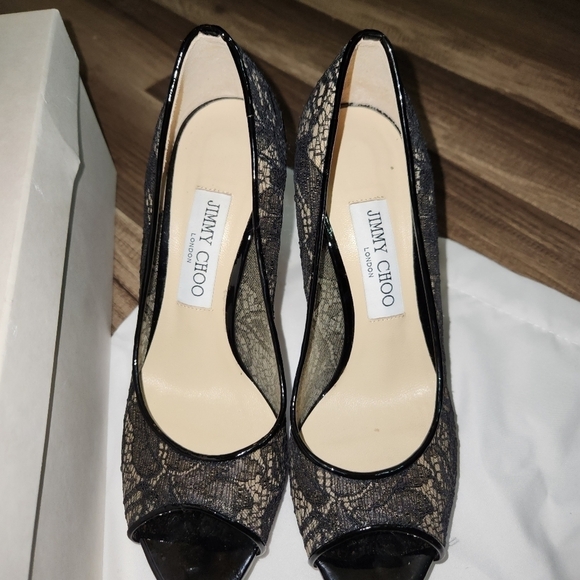 Jimmy Choo Black Luna Peep Toe Lace Pumps, Size 37 /US 7 Authentic - Picture 9 of 13